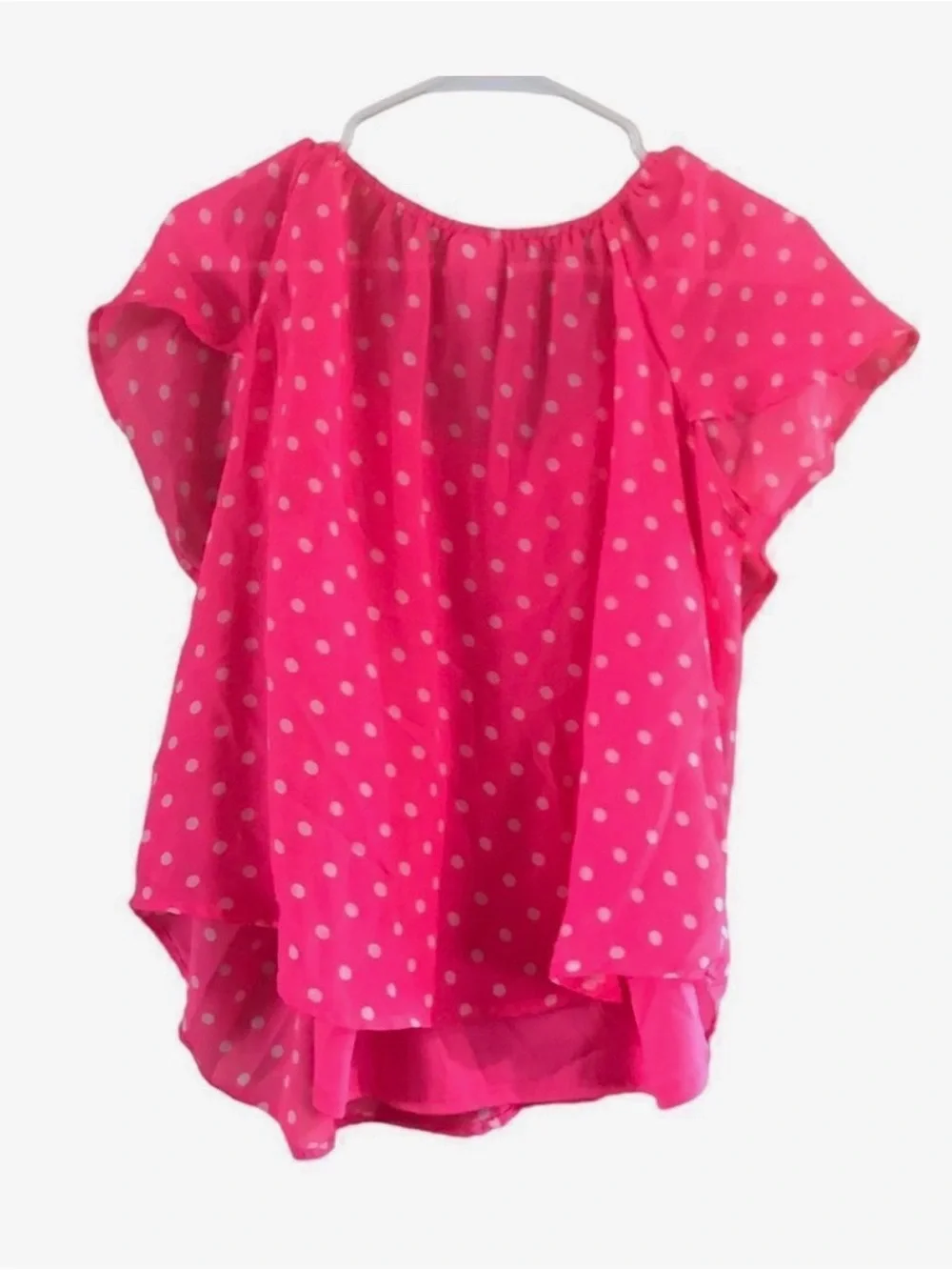 Justice Hot Pink Polka Dot Ruffle Top with Trimmed Scoop Neck